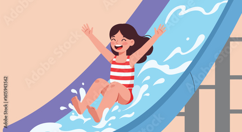 Fun Water Slide: Happy Girl Sliding Down in a Water Park