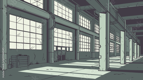 The interior of an abandoned warehouse is filled with shadows and decay, a testament to a bygone industrial era