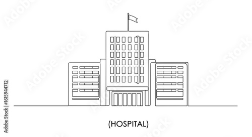 Outline of a modern hospital building with flag on top  