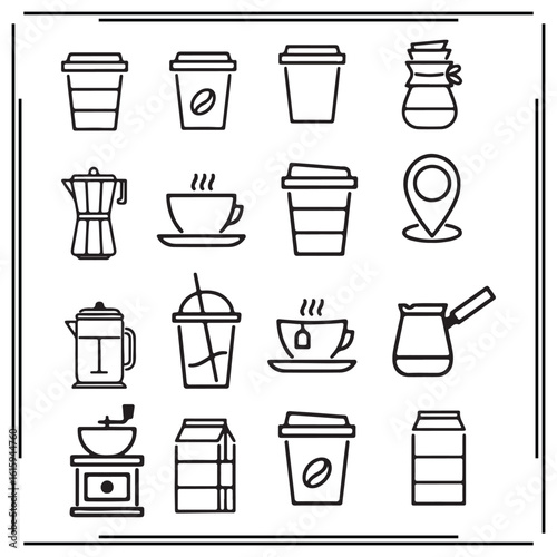 Set of 16 Coffee and Beverage Icons: Coffee Cups, Mugs, Espresso, French Press, Iced Coffee, Milk Carton, Coffee Grinder, and Drinkware Illustrations for Café and Lifestyle Projects