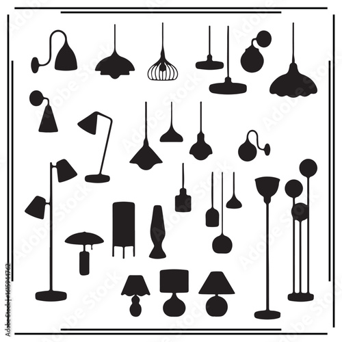 Set of 25 Lamp and Light Icons: Modern Floor Lamps, Table Lamps, Pendant Lights, Ceiling Fixtures, and Decorative Lighting for Home, Interior Design, 