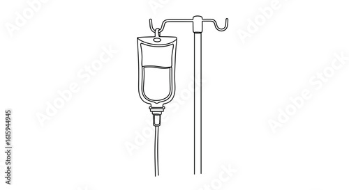 IV drip bag hanging on pole with transparent fluid inside  