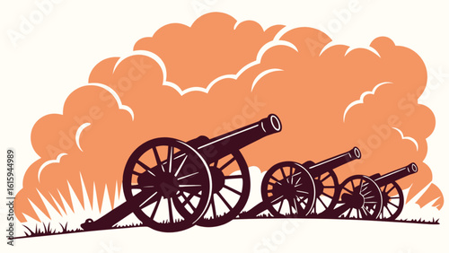 A vintage illustration of cannons firing against an orange sky, evoking themes of historical warfare and military power