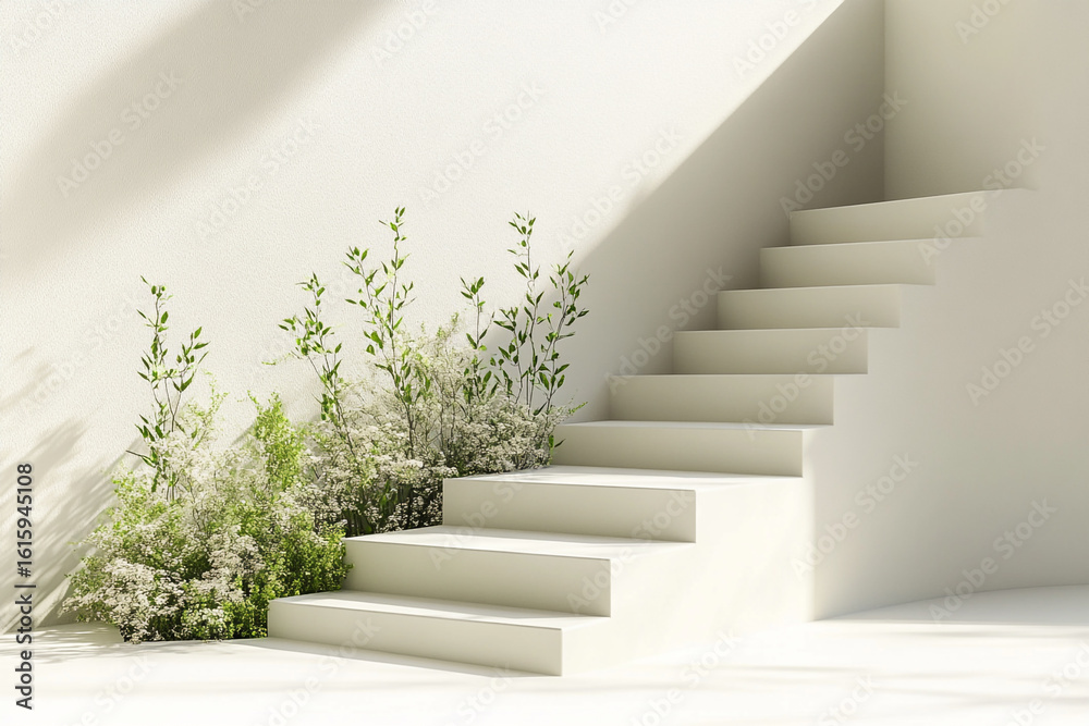 Obraz premium White stairs minimalist design with greenery and sunlight