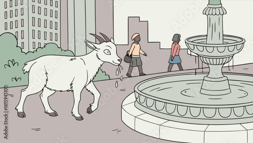 A whimsical cartoon illustration of a goat drinking from a fountain in a city park, creating a humorous and unexpected urban scene