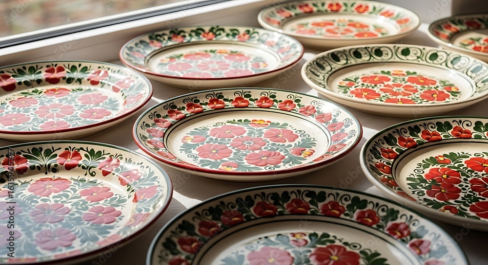 Fototapeta premium Assortment of handcrafted ceramic plates with intricate floral designs in red, green, and orange.