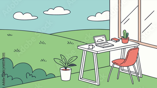 A cozy workspace with a laptop and a cup of coffee is set up by a window overlooking a green field, creating a peaceful and inspiring environment for work or study