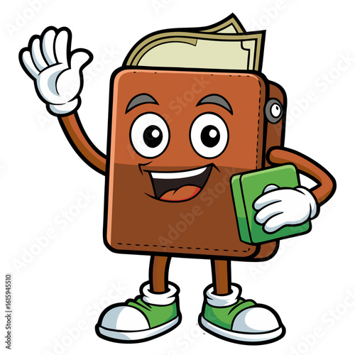 Funny Cartoon Wallet Waving Goodbye to Money – Payday Humor Illustration PNG