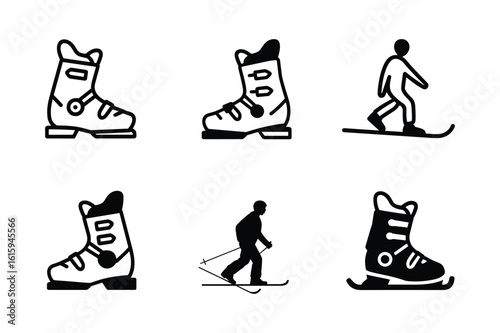 Ski boots and skiers in line art style skiing winter sports