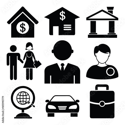 Collection of financial and personal icons representing banking investment business and lifestyle elements in a clean graphic design