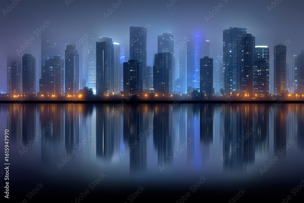 Obraz premium Enigmatic city skyline captured under a blanket of fog revealing illuminated towers reflecting on tranquil water creating a surreal dreamscape of urban exploration and nighttime serenity