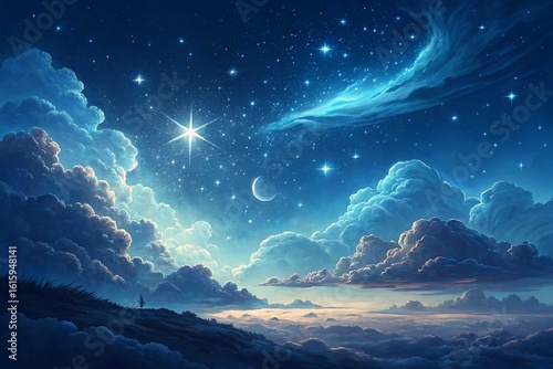 Dreamy night sky with stars and clouds art