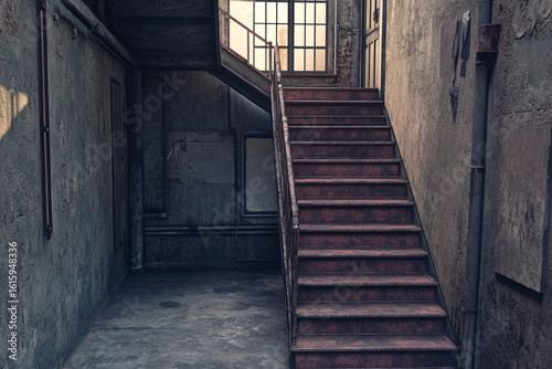 Old building interior rusty metal staircase worn walls and window light