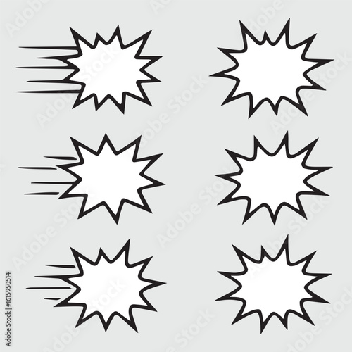 Comic burst speech bubble icons – black and white motion star shapes with outline style, retro pop art comic explosion elements for dynamic design.