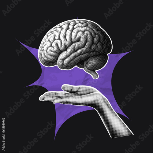 Human brain and hand collage in halftone vintage style