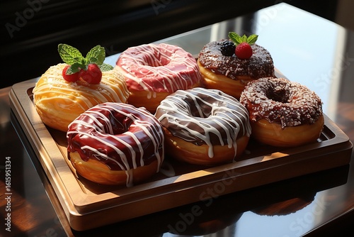 Wooden Tray With Iced Cronuts. Freshly baked cronut - flaky croissant-doughnut hybrid