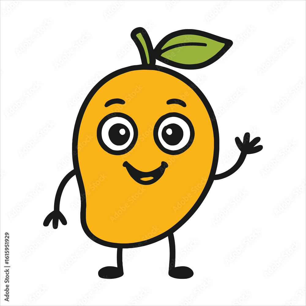 Obraz premium Cute cartoon mango character waving hello with a happy face isolated on white background silhouette