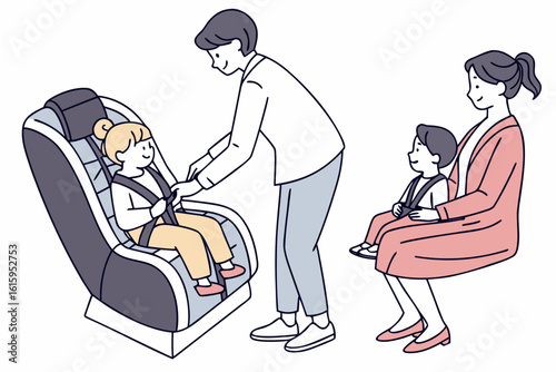 Families prepare for a long journey with kids in booster seats and adults buckled tight, modern flat illustration style