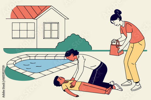 Families practicing an emergency action plan with CPR basics for Drowning prevention at home pool, modern flat illustration style