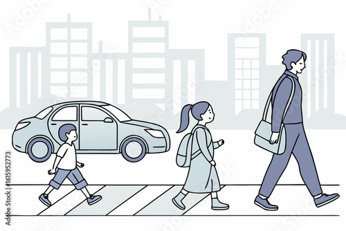 Family walking safely on a sidewalk next to traffic, modern flat illustration style