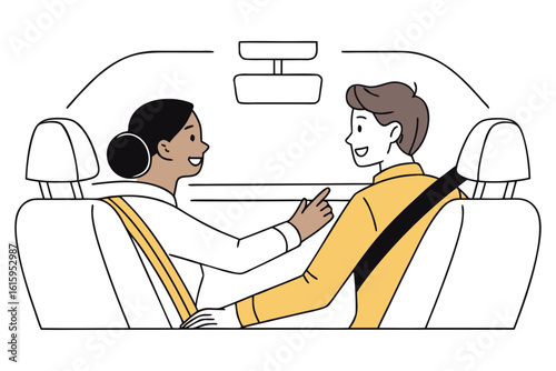 Inside a taxi, both passenger and driver politely reminding each other to fasten seatbelts, modern flat illustration style