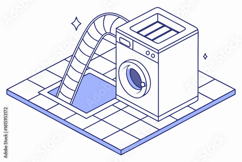 LaundryRoom dryer lint trap being cleaned and rigid metal venting installed to prevent overheating, modern flat illustration style