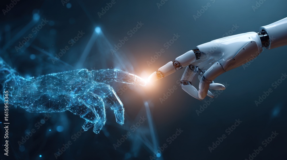 Fototapeta premium Futuristic contact between robotic hand and human finger with glowing energy, representing artificial intelligence, big data networks, machine learning, and next generation digital innovation.