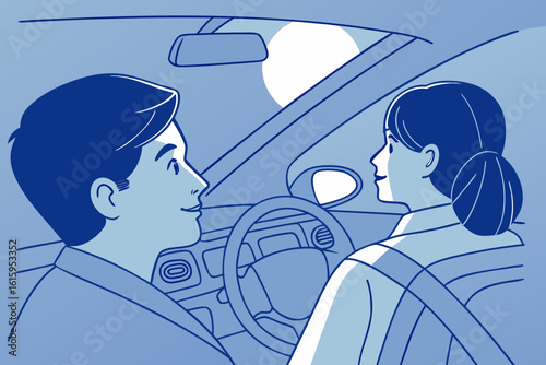 Night driving scene where reflective seatbelt icons glow to stress visibility and safety, modern flat illustration style