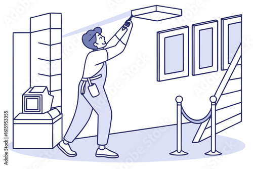 Museum curator ensuring display lighting doesn’t touch fabrics and alarms are integrated with suppression, modern flat illustration style