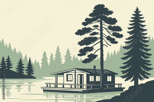 Zen sauna raft floating on a tranquil lake in Norway surrounded by pine silhouettes, modern flat illustration style