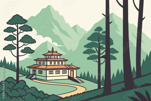 Zenlike mountain monastery in the Philippines with monks, cloud seas, and pine trees, modern flat illustration style