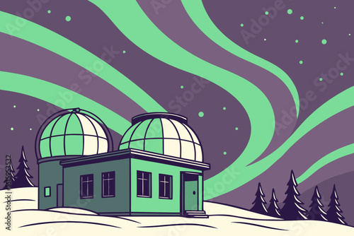Zodiacal light blending with aurora above a remote Norway observatory, modern flat illustration style