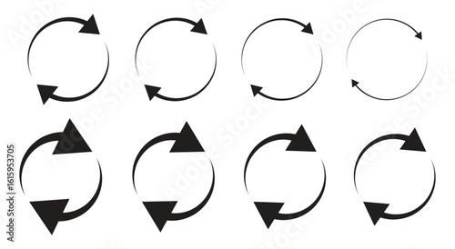 Collection of vector icons of two circular arrows. Symbols for reload, change, refresh, and others isolated on a white background. Vector illustration