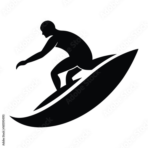 Surfer Silhouette on Surfboard Riding a Wave Black and White Illustration for Water Sports Promotion and Active Lifestyle