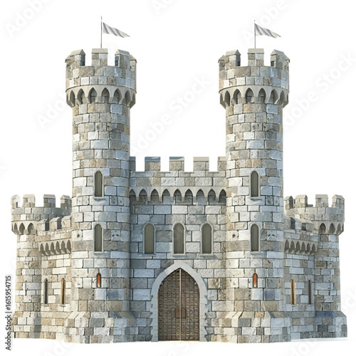 Detailed Stone Castle with Twin Towers Flags and Arched Entrance