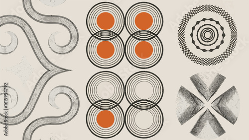 Modern Retro Abstract Pattern – Concentric Circles, Star Shapes & Orange Highlights in Textured Line Art | Geometric Wall Design, Digital Art, and Minimalist Home Decor Background"