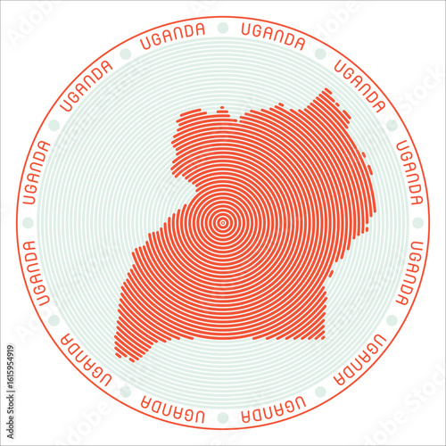 Uganda round logo design. Country shape build of rings. Uganda text around the country. Vector Illustration.
