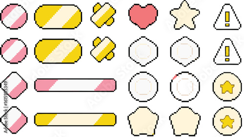 Retro Pixel UI Icons – Bars, Buttons, Shapes, Stars, Hearts, Alerts & Status Indicators in Pink and Yellow for Game Dev, RPG Interfaces, Pixel HUD Design & Mobile App Assets