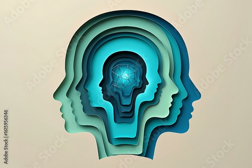 Abstract layered profile silhouettes of a human head in shades of blue and green revealing a glowing lightbulb inside symbolizing ideas and innovation