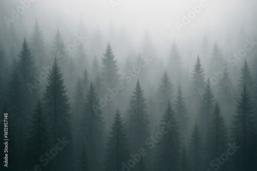 Misty Forest of Evergreens Serene Woodland Landscape with Dense Fog and Dark Green Coniferous Trees Nature's Tranquil Beauty