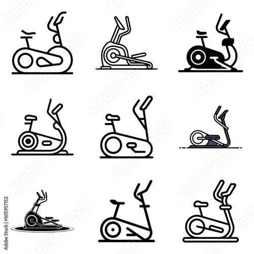 Collection of nine hand drawn black and white sketches of various elliptical trainers and stationary exercise bikes on a white background