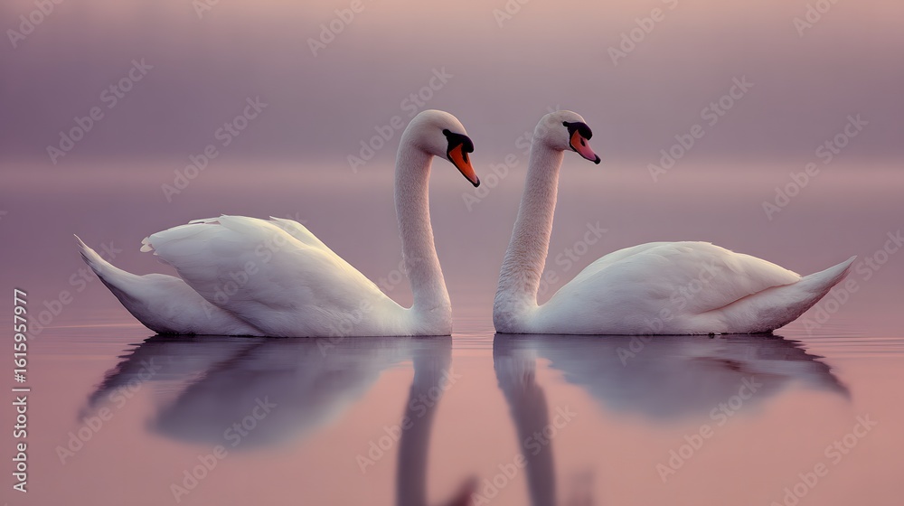 Fototapeta premium Two swans gracefully glide on tranquil water.