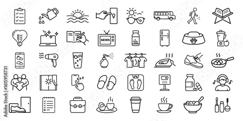 Collection of daily life icons representing routine activities, food, home, and travel in vector format