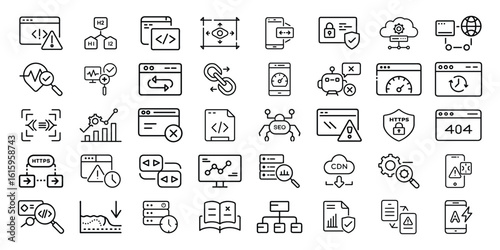 Set of web development icons depicting programming, coding, and website optimization in vector format