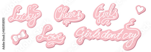 Girly phrases with flirty aesthetics and romantic handwritten Valentine's Day inscriptions. Happy Valentine's Day. Pink vector illustration for stickers, labels, scrapbook and personal diary design.