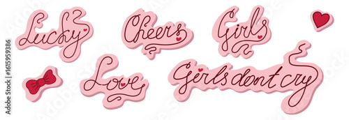 Girly phrases with flirty aesthetics and romantic handwritten Valentine's Day inscriptions. Happy Valentine's Day. Pink vector illustration for stickers, labels, scrapbook and personal diary design.