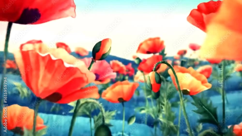 Dreamscape Field: Vintage Poppies in Surreal Watercolor Motion