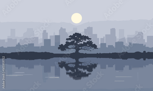 Serene hazy cityscape with a solitary ancient tree reflected in still water under a glowing full moon