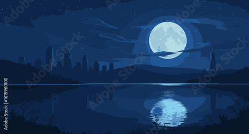 Serene cityscape reflected under a giant moonlit sky, capturing tranquil night beauty and urban serenity.