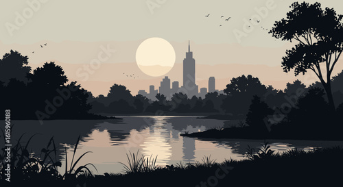 Serene cityscape reflected on calm lake water under a glowing full moon with silhouetted trees and flying birds creating a peaceful, vast panorama.